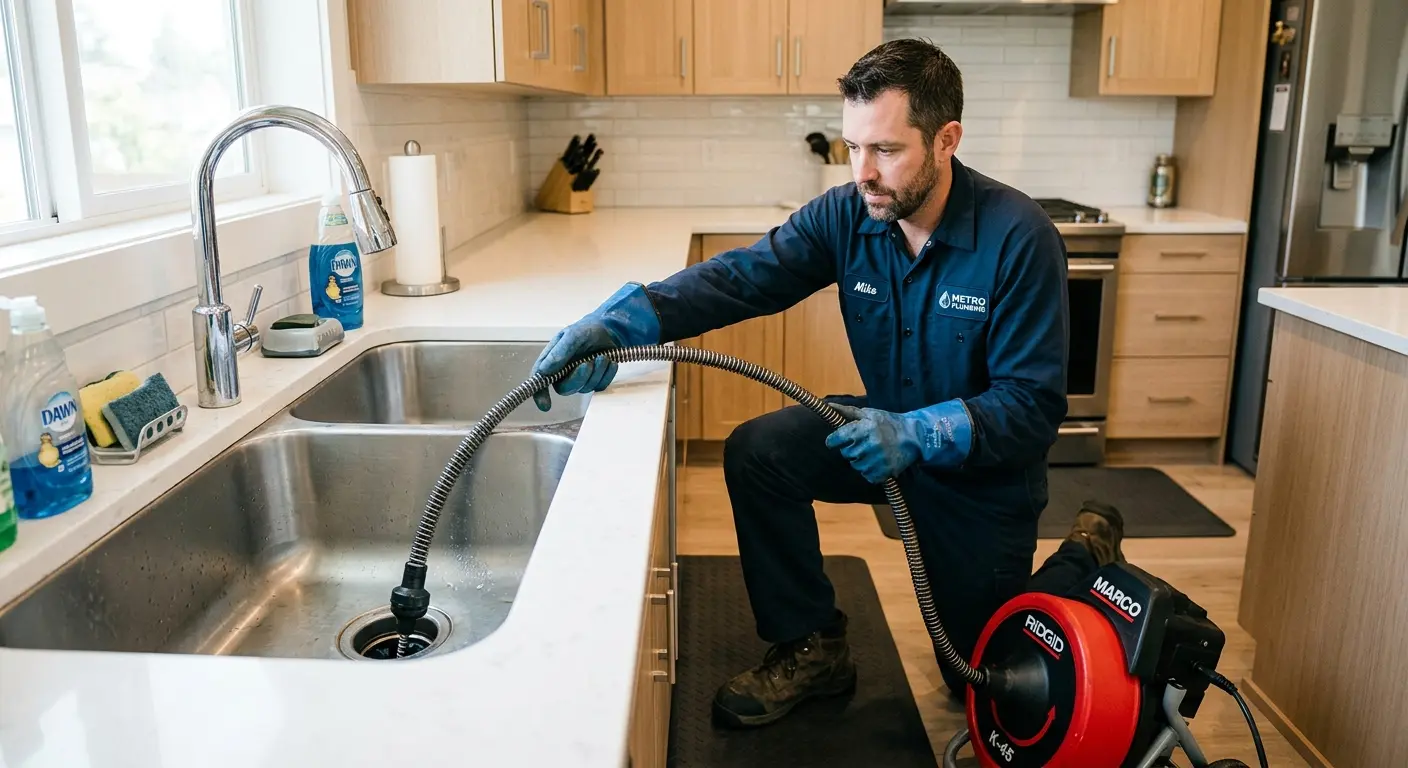 Drain cleaning technician using a motorized snake on a kitchen sink in Two Rivers