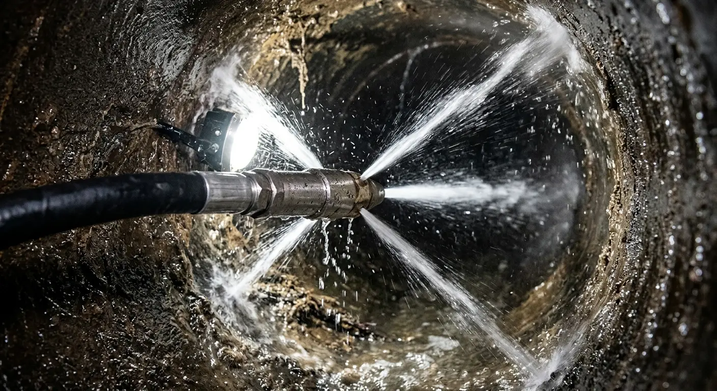 High-pressure hydro jetting nozzle cleaning sewer pipe for Sewer Cleanout in Two Rivers